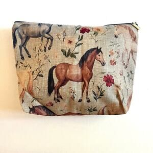 Horse Floral Print Acessory Cosmetic Bag, NWT